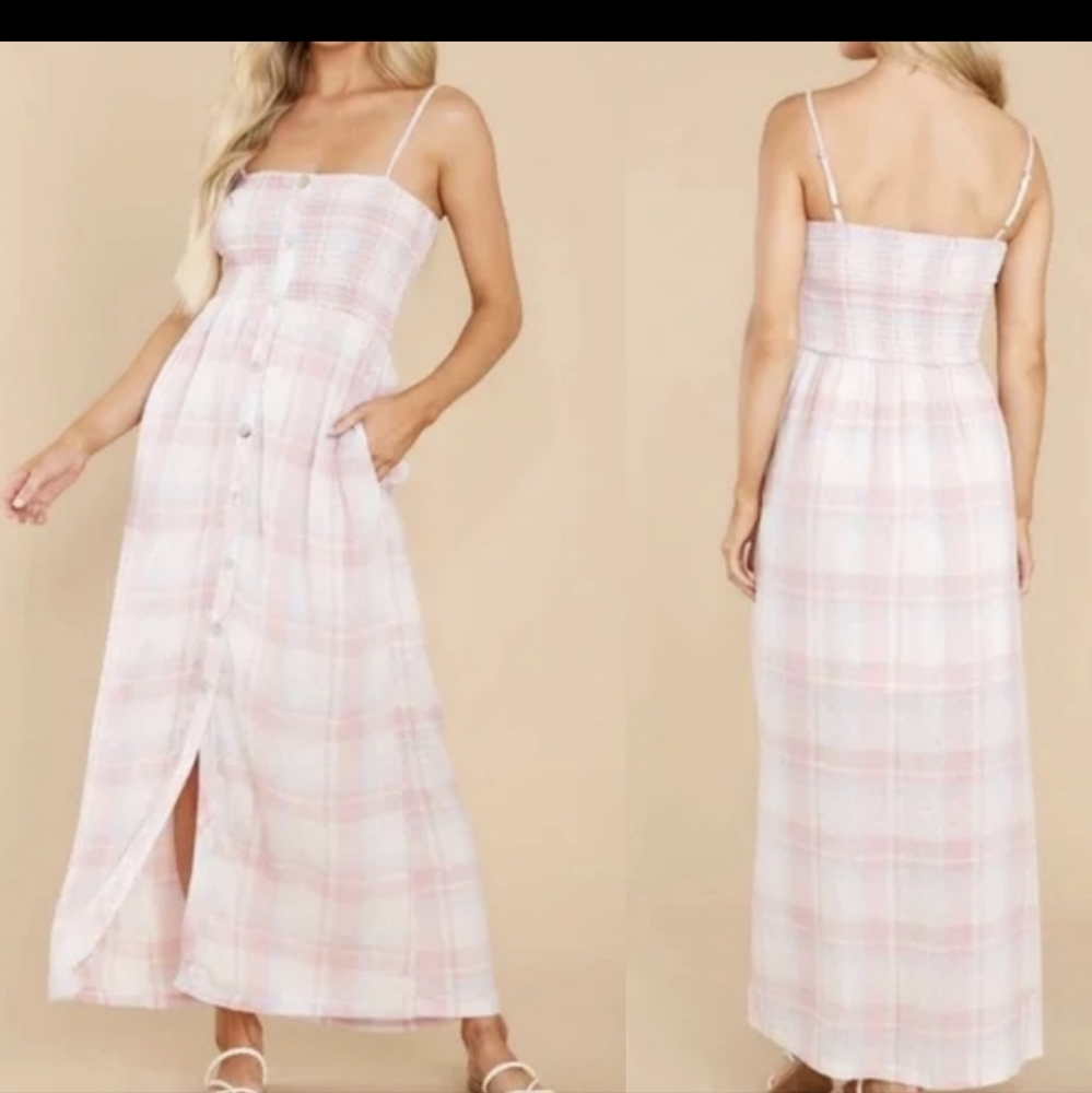 NWT Love Stitch Linen Plaid Maxi Dress Sweetest Reveal Size Medium Pink & Blue